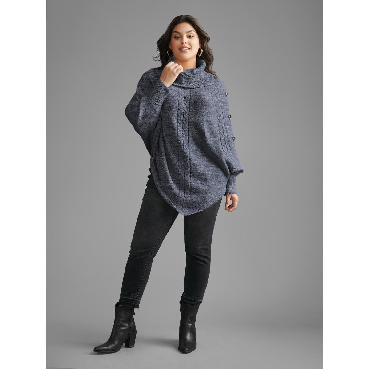 Plus Size Turtleneck Cable Knit Asymmetrical Hem Pullover Stone Women Casual Loose Long Sleeve Ruffled collar Everyday Pullovers BloomChic 14-16/1X Product Image