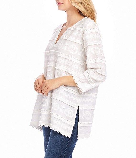 Karen Kane Embroidered Split Neck 3/4 Bell Sleeve Tassel Hem Tunic Product Image