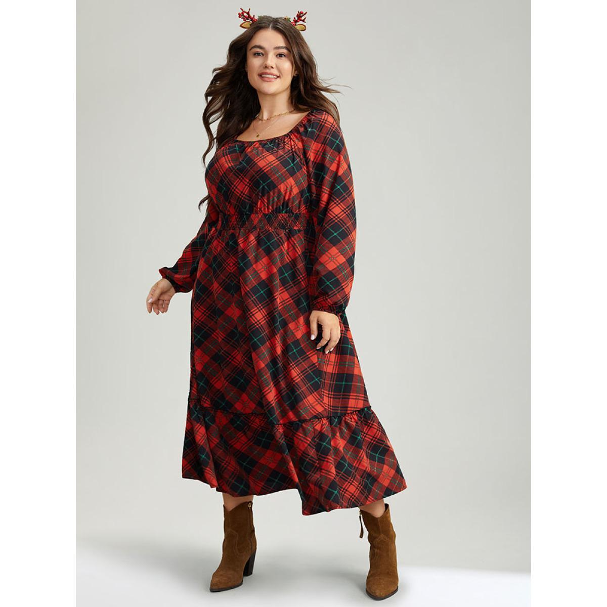 Plus Size Plaid Shirred Frill Trim Pocket Square Neck Dress Scarlet Women Elegant Elastic cuffs Square Neck Long Sleeve Curvy Midi Dress BloomChic 18-20/2X Product Image