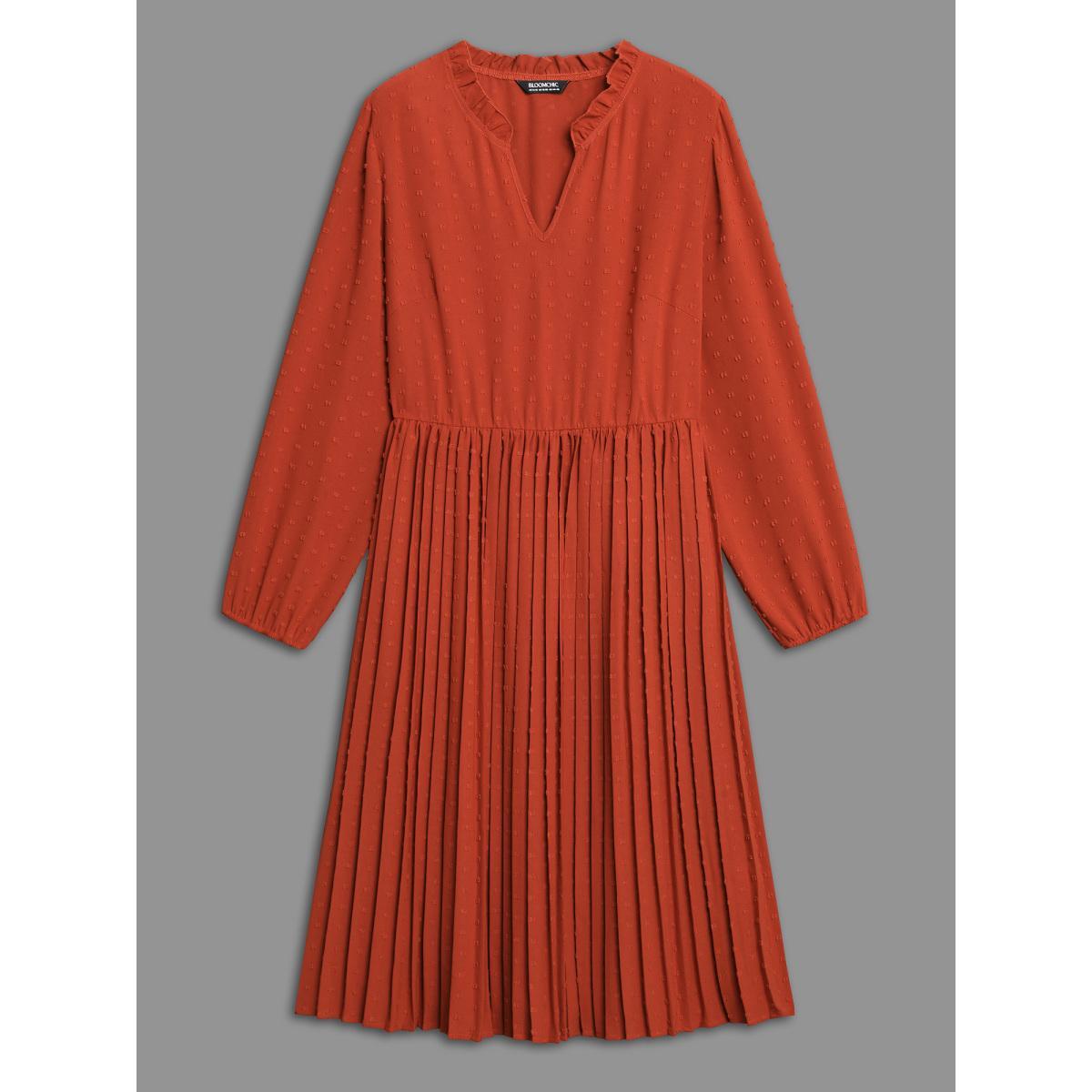 Plus Size Notched Collar Textured Pleated Midi Dress OrangeRed Women Casual Texture Flat collar with V-notch Long Sleeve Curvy BloomChic 30/6X Product Image