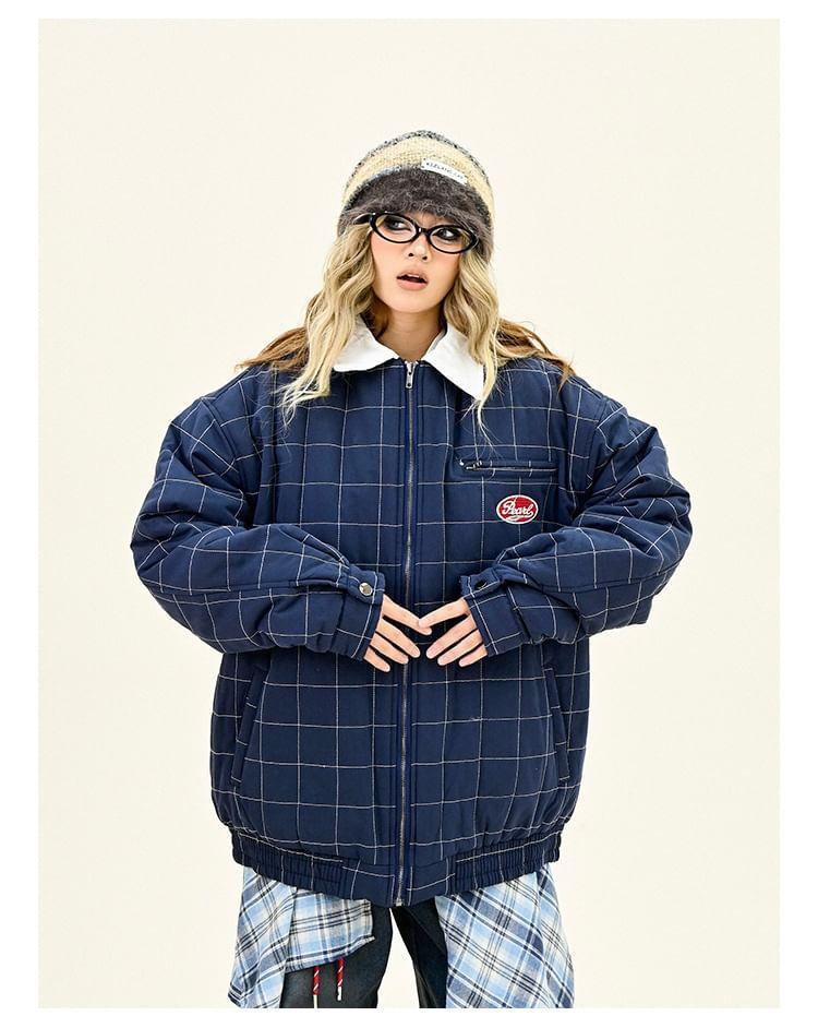 Collared Plaid Zip Up Puffer Bomber Jacket Product Image