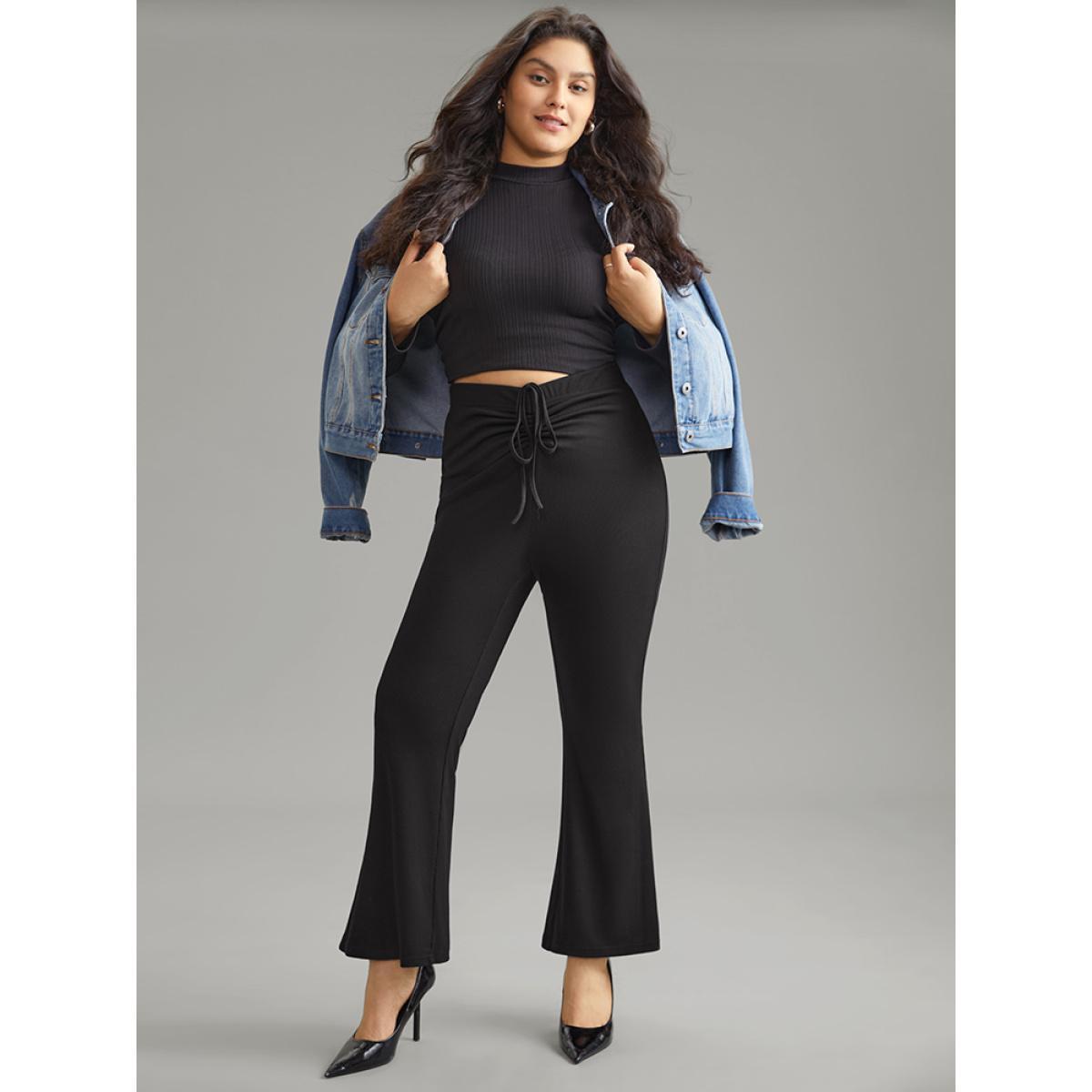 Plus Size Solid Drawstring Ruched Flare Leg Pants Women Black Casual Flare Leg High Rise Dailywear Pants BloomChic 26/4X Product Image