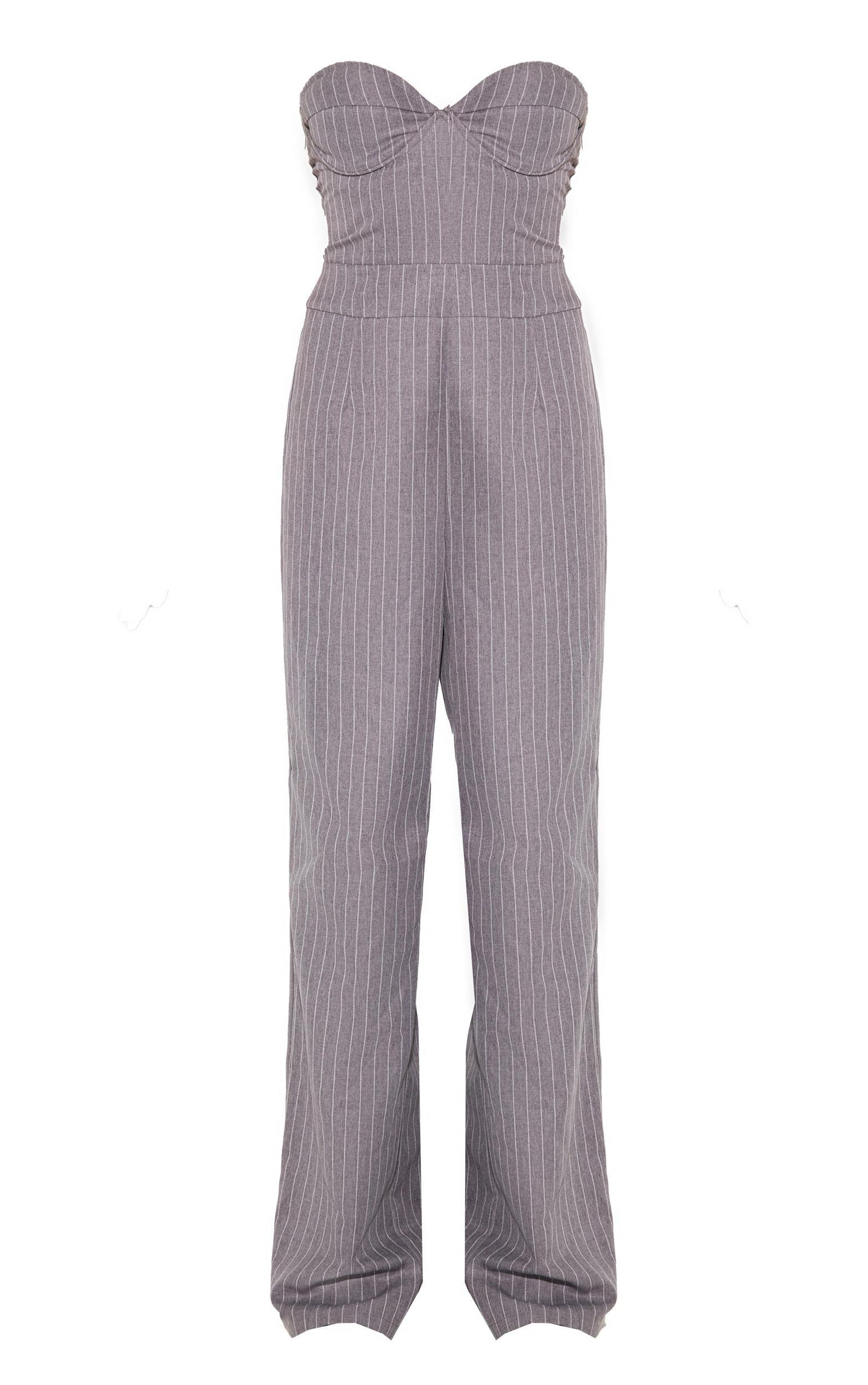 Grey Pinstripe Bandeau Corset Straight Leg Jumpsuit Product Image