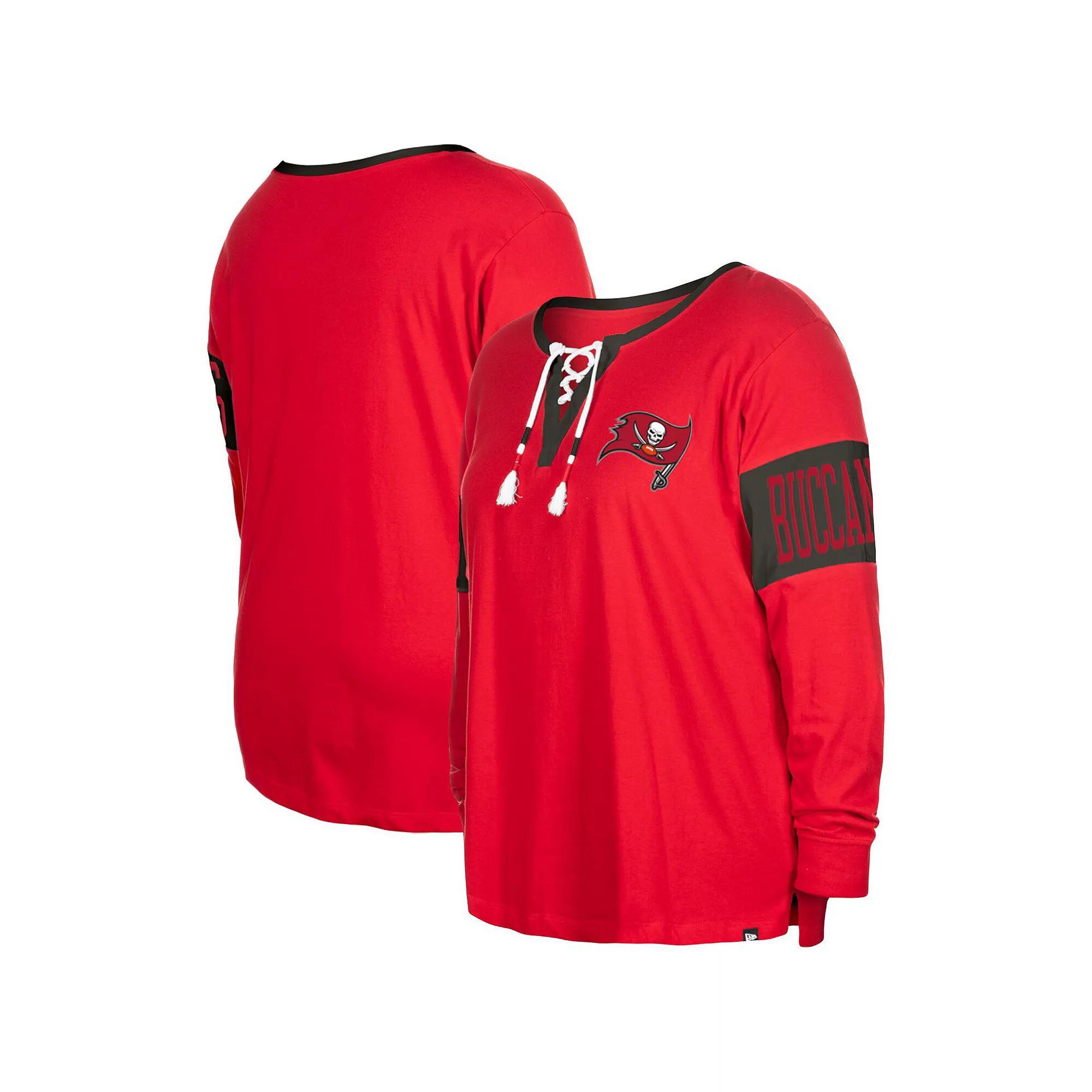 Women's New Era  Red Tampa Bay Buccaneers Plus Size Lace-Up Notch Neck Long Sleeve T-Shirt, Size: 3XL Product Image