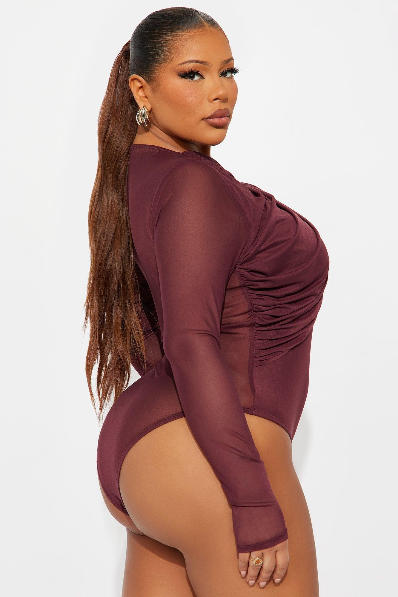 New Demand Ruched Mesh Bodysuit - Burgundy Product Image