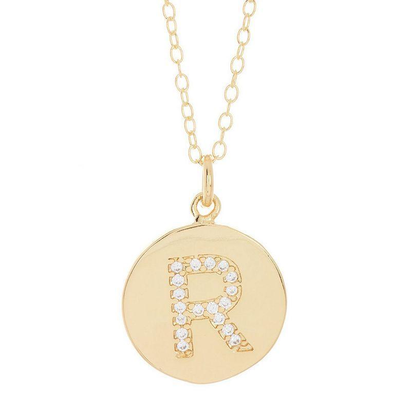Adornia 14k Gold Plated Cubic Zirconia Engraved Letter Disc Pendant Necklace, Women's, Size: 18", Gold Tone T Product Image