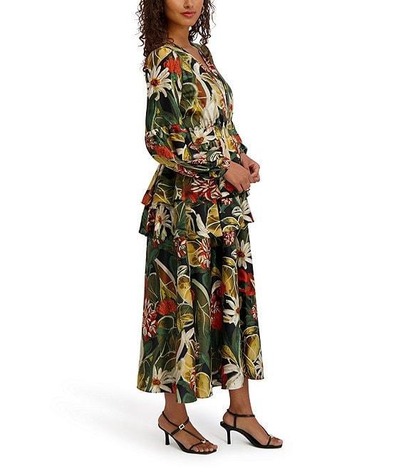 SIENA Long Sleeve Printed Satin Ruffle Midi Dress Product Image