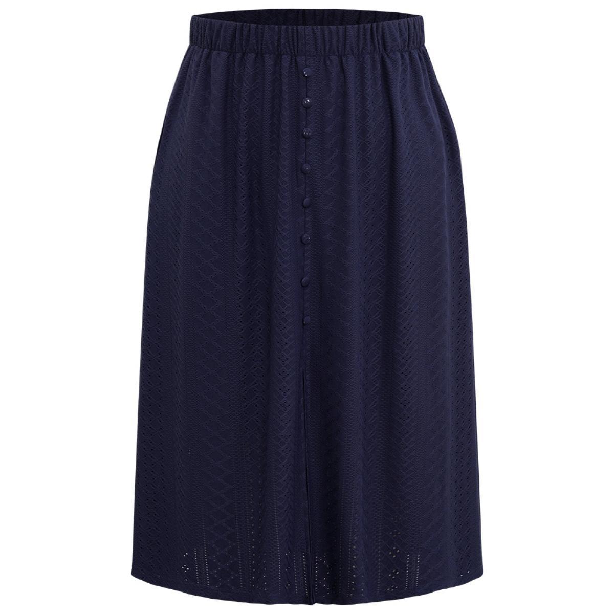 Plus Size Plain Elastic Waist Split Front Cropped Skirt Women Indigo Office Texture Low stretch Pocket Work Skirts BloomChic 12/L Product Image