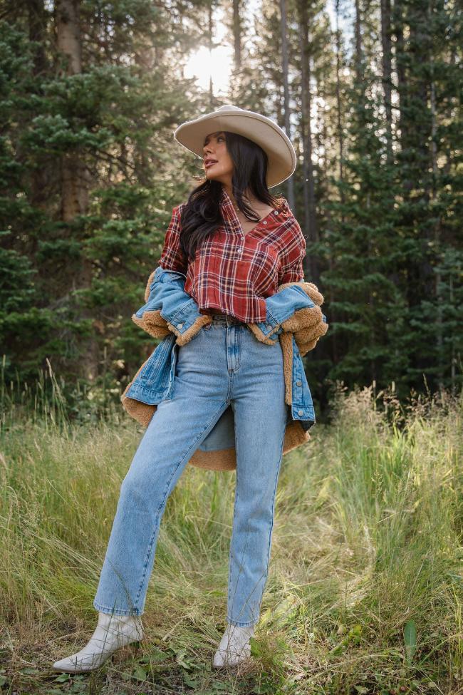 Most Wanted Rust Plaid Woven Blouse FINAL SALE Product Image