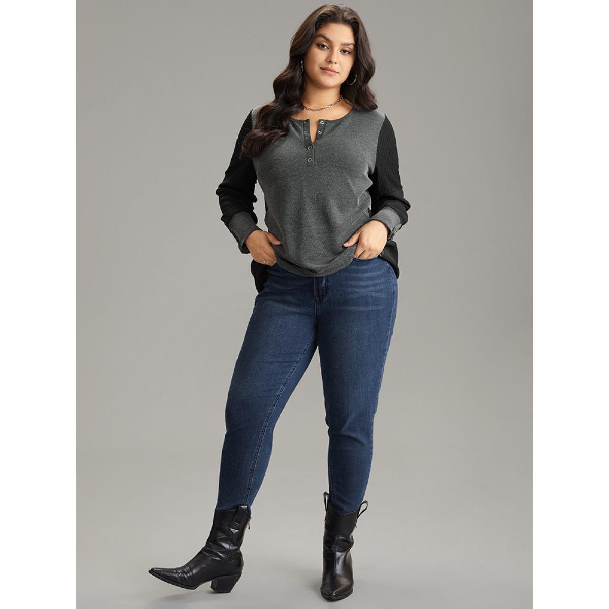 Plus Size Plisse Patchwork Two Tone Button Up T-shirt DimGray Women Casual Texture Plain Open Front Dailywear T-shirts BloomChic 10/M Product Image