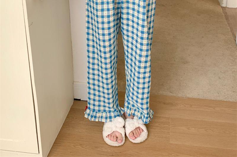 Pajama Set: Long Sleeve Collared Plaid Bow Blouse + Straight Leg Pants Product Image