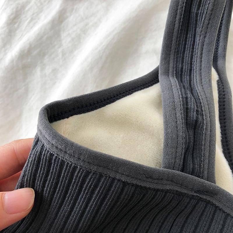 V-Neck Plain Ribbed Fleece-Lined Slim Fit Tank Top Product Image