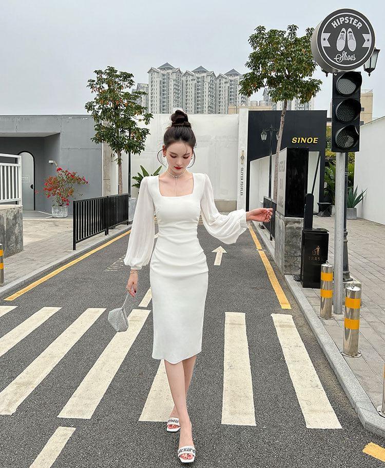 Long-Sleeve Square Neck Plain Ruched Midi Sheath Dress Product Image
