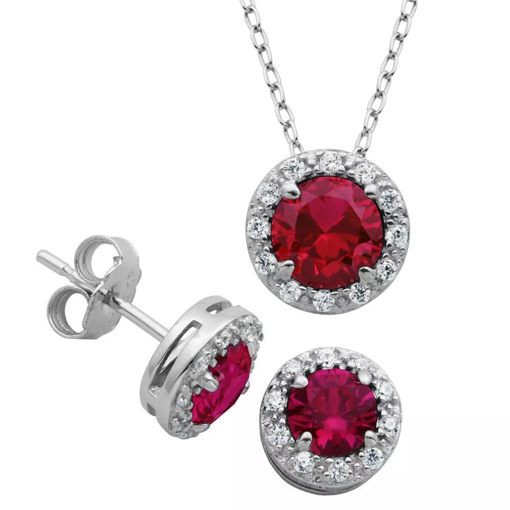 Sterling Silver Lab-Created Emerald & Cubic Zirconia Halo Pendant Necklace & Stud Earrings Set, Women's Product Image