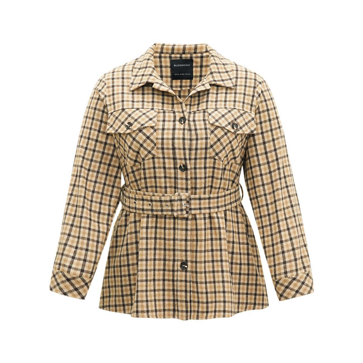 Plus Size Gingham Pocket Button Through Belted Coat Women Tan Casual Belted Ladies Dailywear Winter Coats BloomChic 28/5X Product Image