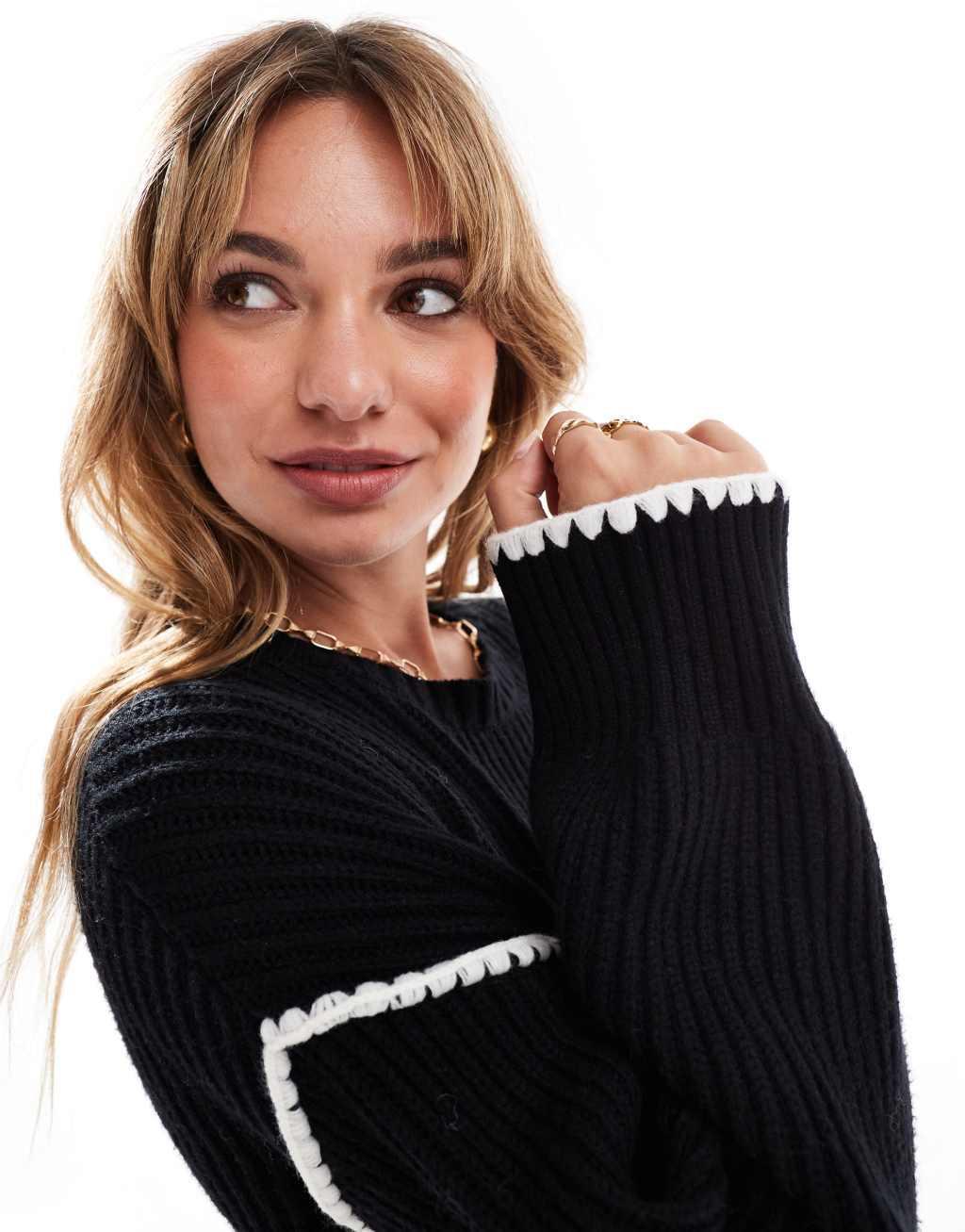 4th & Reckless contrast stitch dropped shoulder sweater in black Product Image