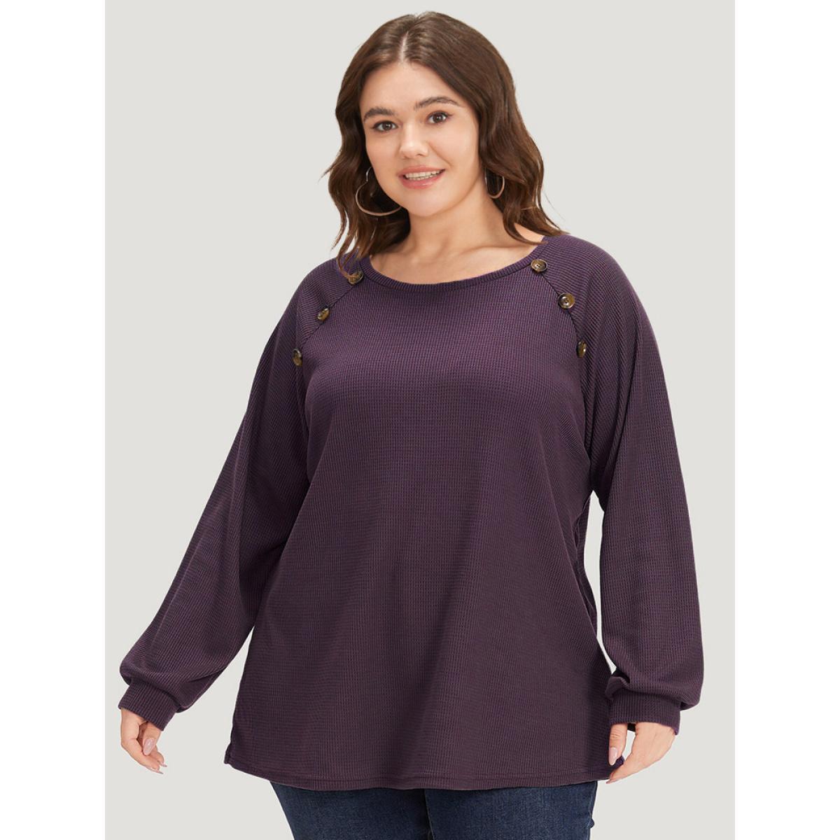 Plus Size Plain Waffle Knit Button Detail Crew Neck Raglan Sleeve T-shirt Purple Women Casual Elastic cuffs Plain Round Neck Dailywear T-shirts BloomChic 30/6X Product Image