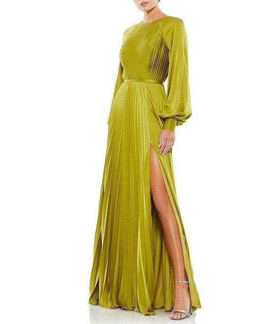 Mac Duggal Crew Neck Long Blouson Cuff Sleeve Pleated High Slit Gown Product Image