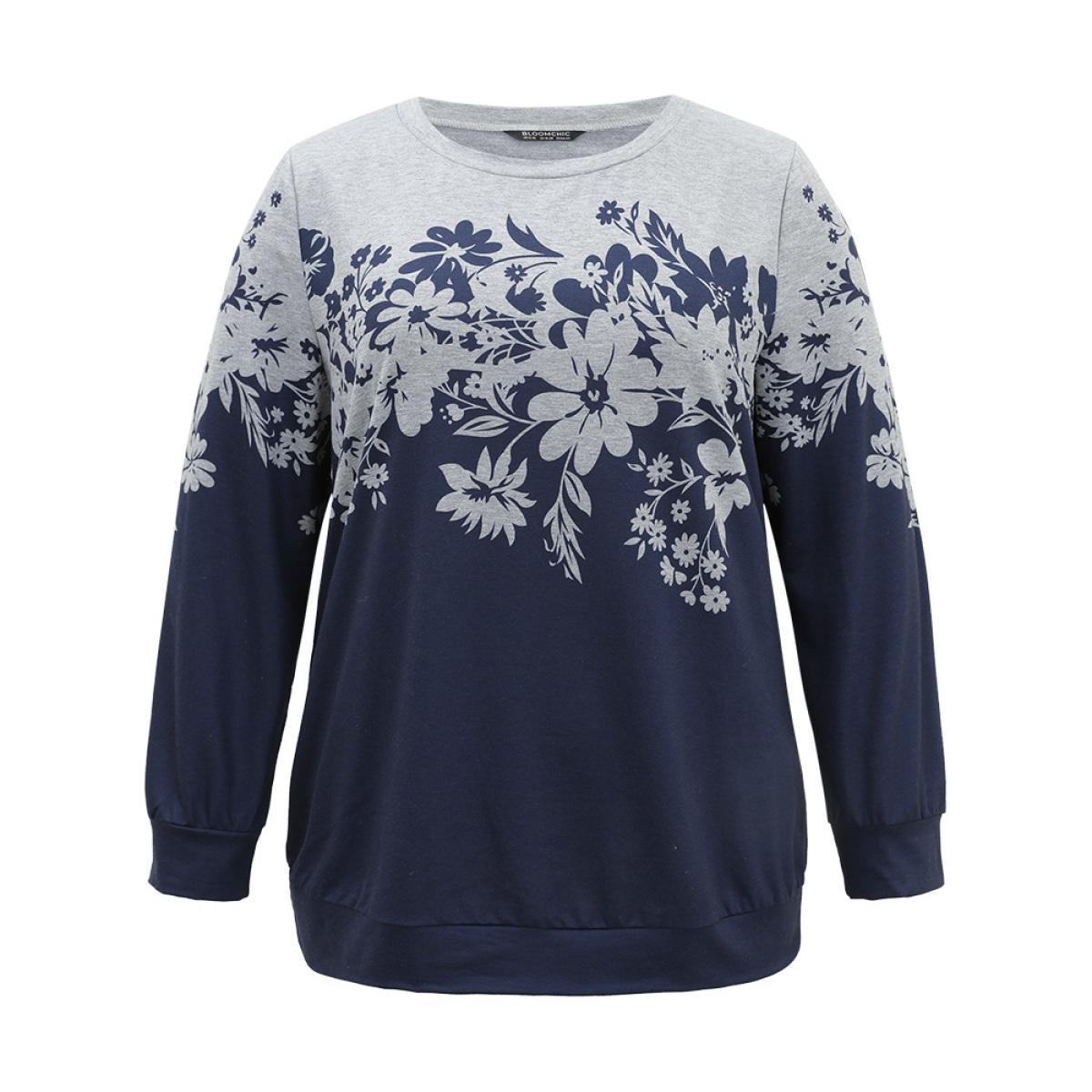 Plus Size Silhouette Floral Print Contrast Round Neck Sweatshirt Women Indigo Casual Contrast Round Neck Dailywear Sweatshirts BloomChic 30/6X Product Image
