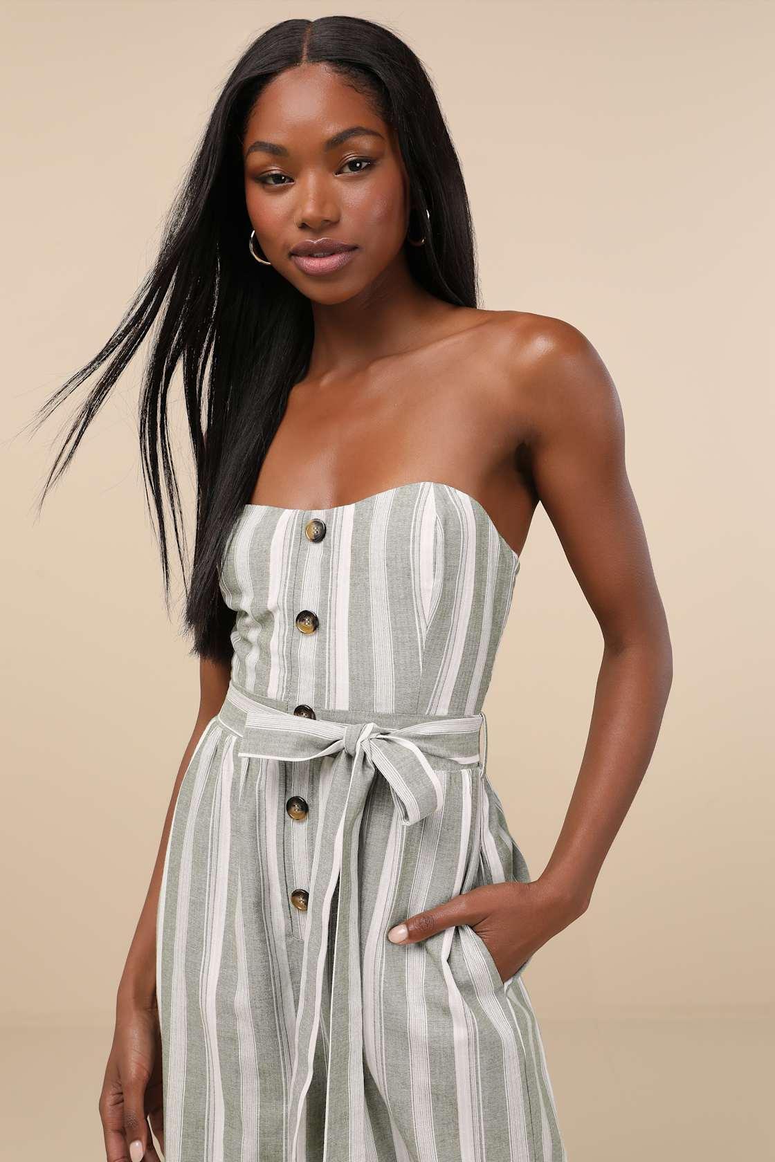 Sunny Day Classic Sage and White Striped Strapless Jumpsuit Product Image