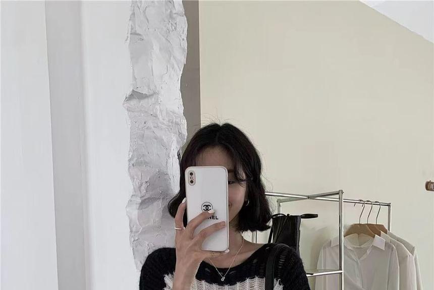 Scoop Neck Striped Distressed Sweater Product Image
