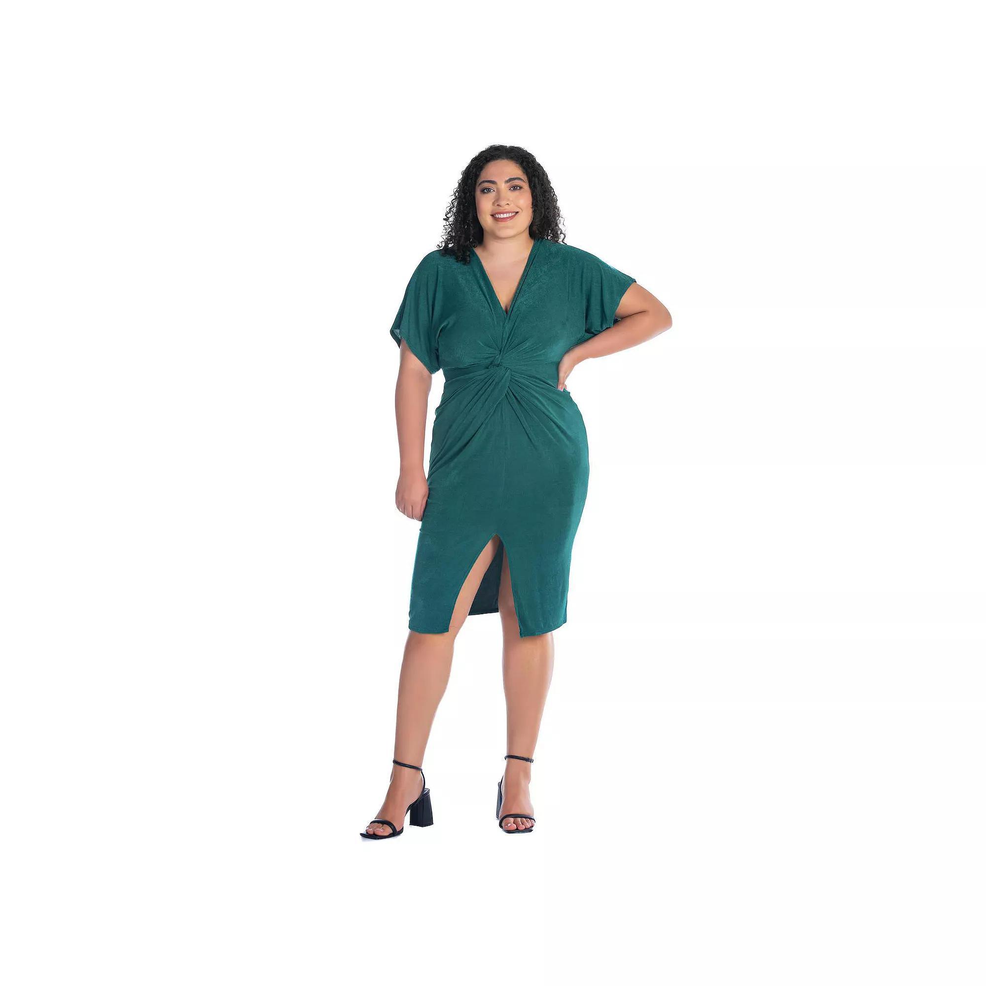 Plus Size 24Seven Comfort Apparel Short Sleeve V-Neck Twist Front Split-Hem Dress, Women's, Size: 2XL, Hunter Product Image