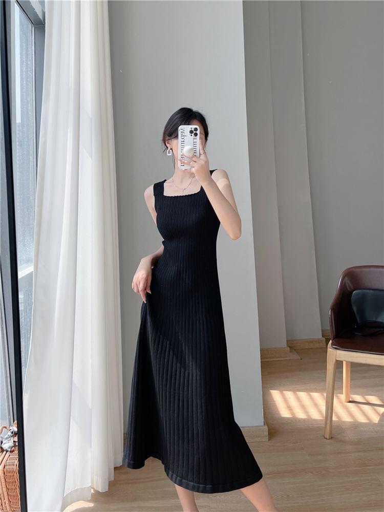 Sleeveless Square Neck Plain Midi A-Line Knit Dress Product Image