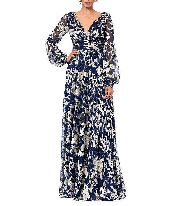 Betsy & Adam Petite Size Metallic Crinkle Foil Mesh Long Sleeve Gown Product Image