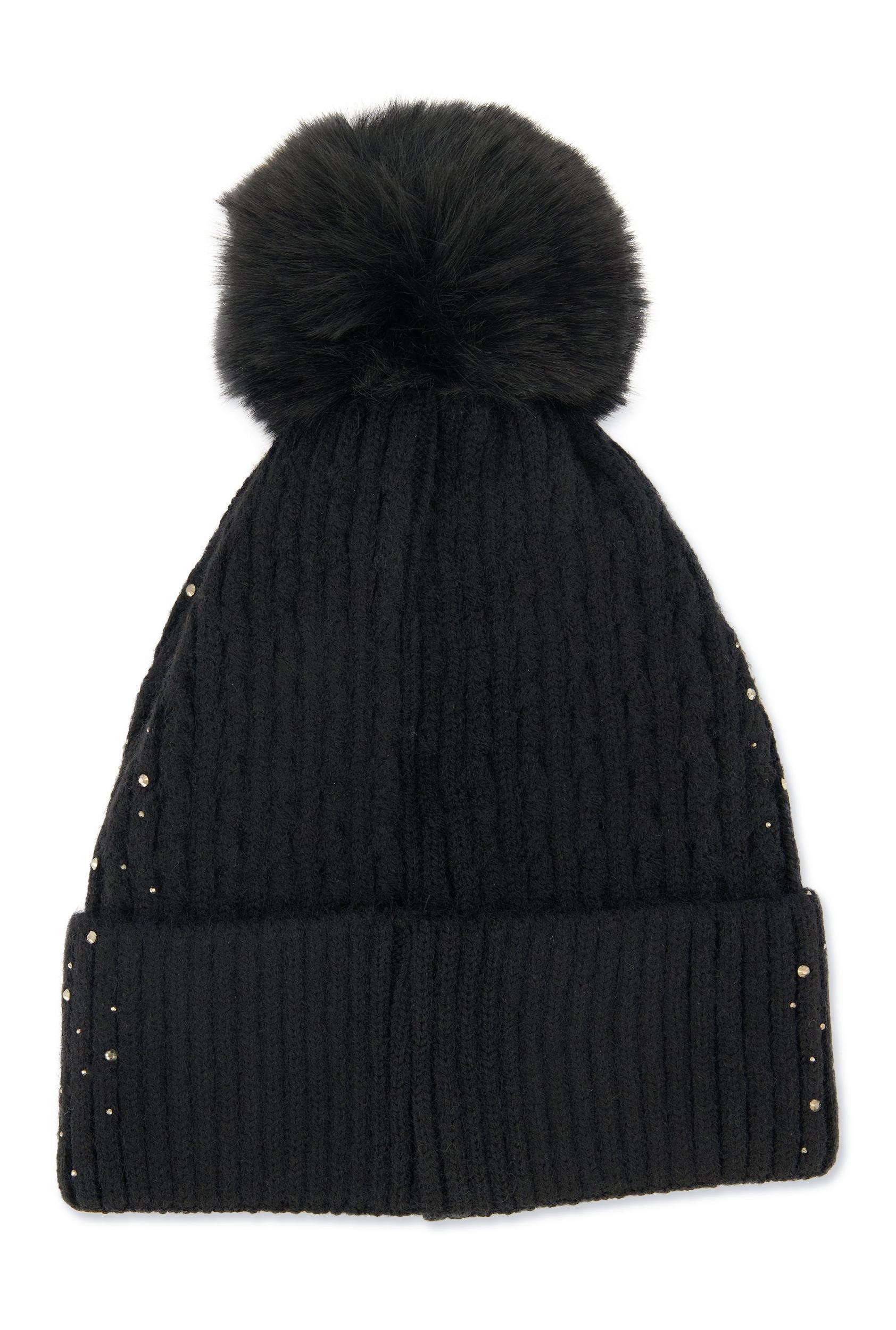 Rhinestone Cable Knit Pom Pom Beanie Female Product Image