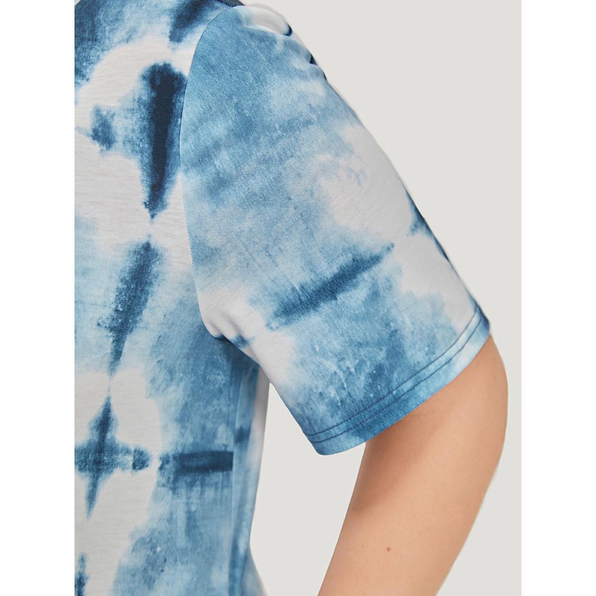 Plus Size Tie Dye Pocket Ruffle Hem Crew Neck Dress Blue Women Casual Printed Round Neck Short sleeve Curvy Midi Dress BloomChic 12/L Product Image
