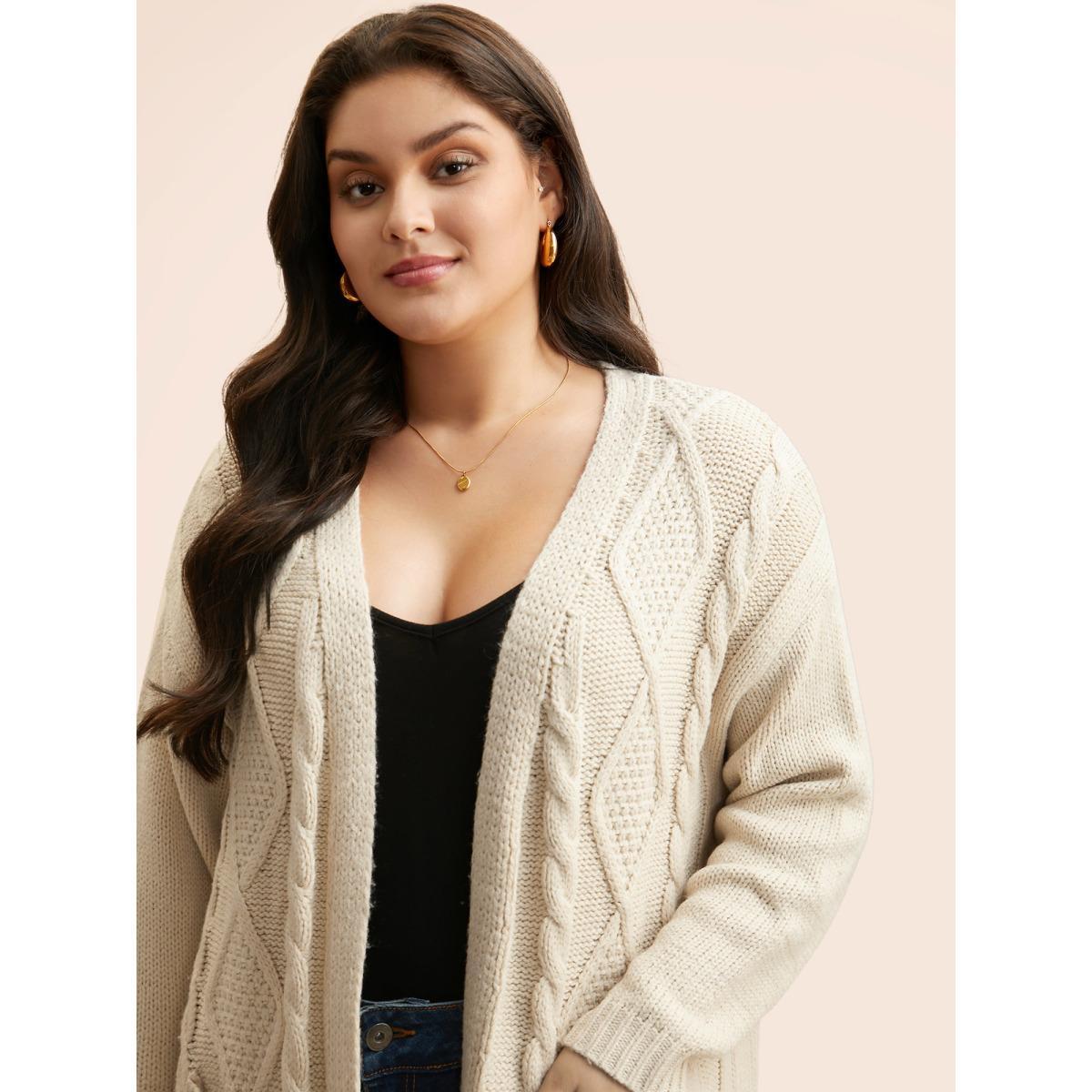 Plus Size Cable Knit Drop Shoulder Pocket Cardigan WhiteSmoke Women Casual Loose Sleeveless Everyday Cardigans BloomChic 22-24/3X Product Image