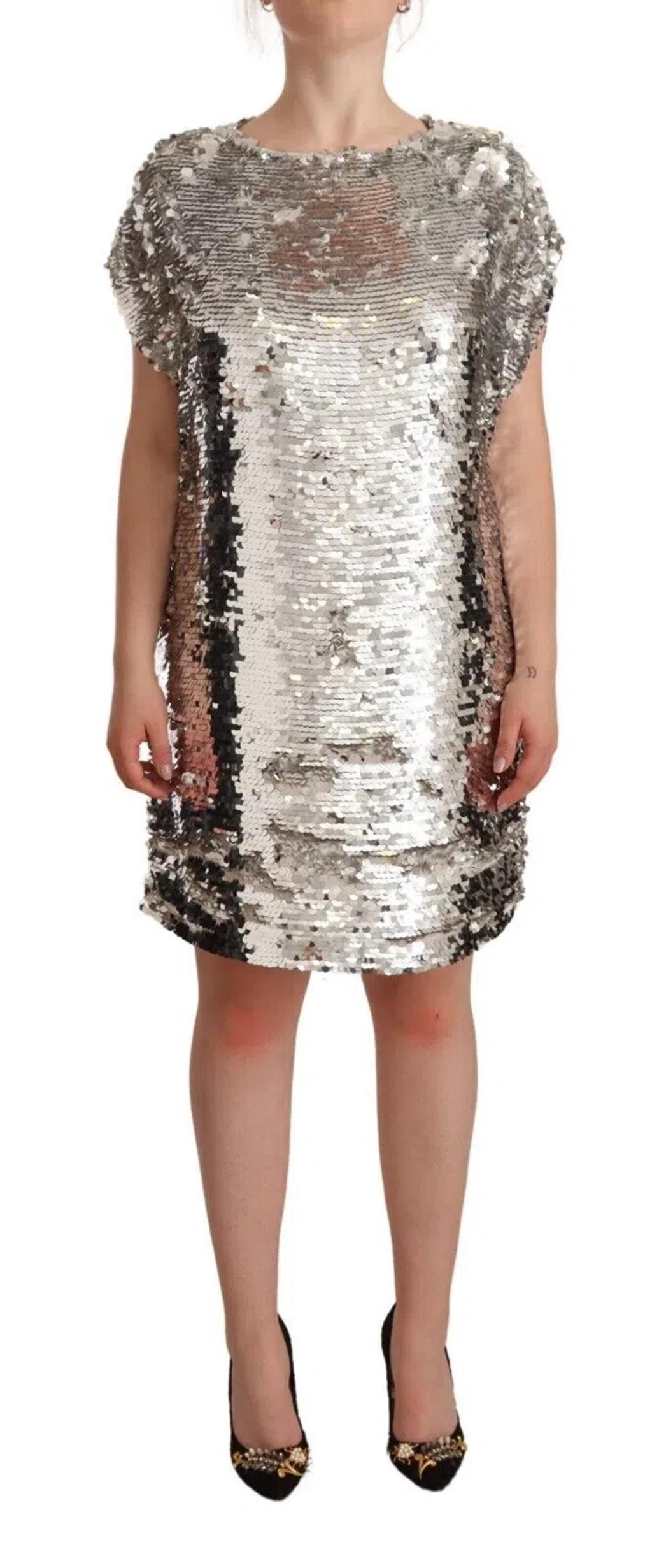 MSGM Silver Sequined Polyester Short Sleeves Shift Mini Dress Product Image