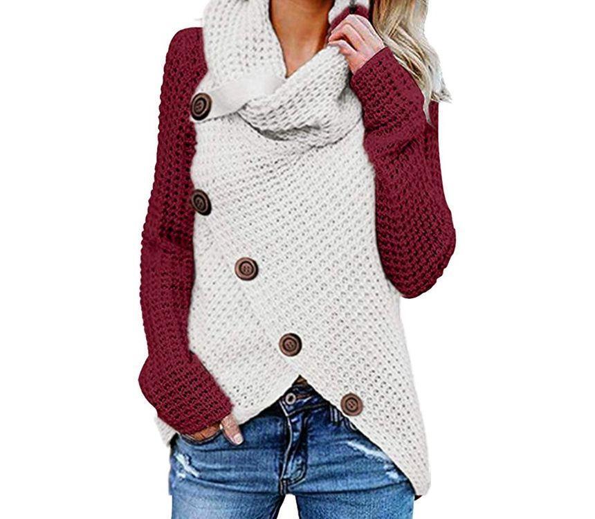 Contrast Mock Neck Long Sleeve Side-Slit Sweater Product Image