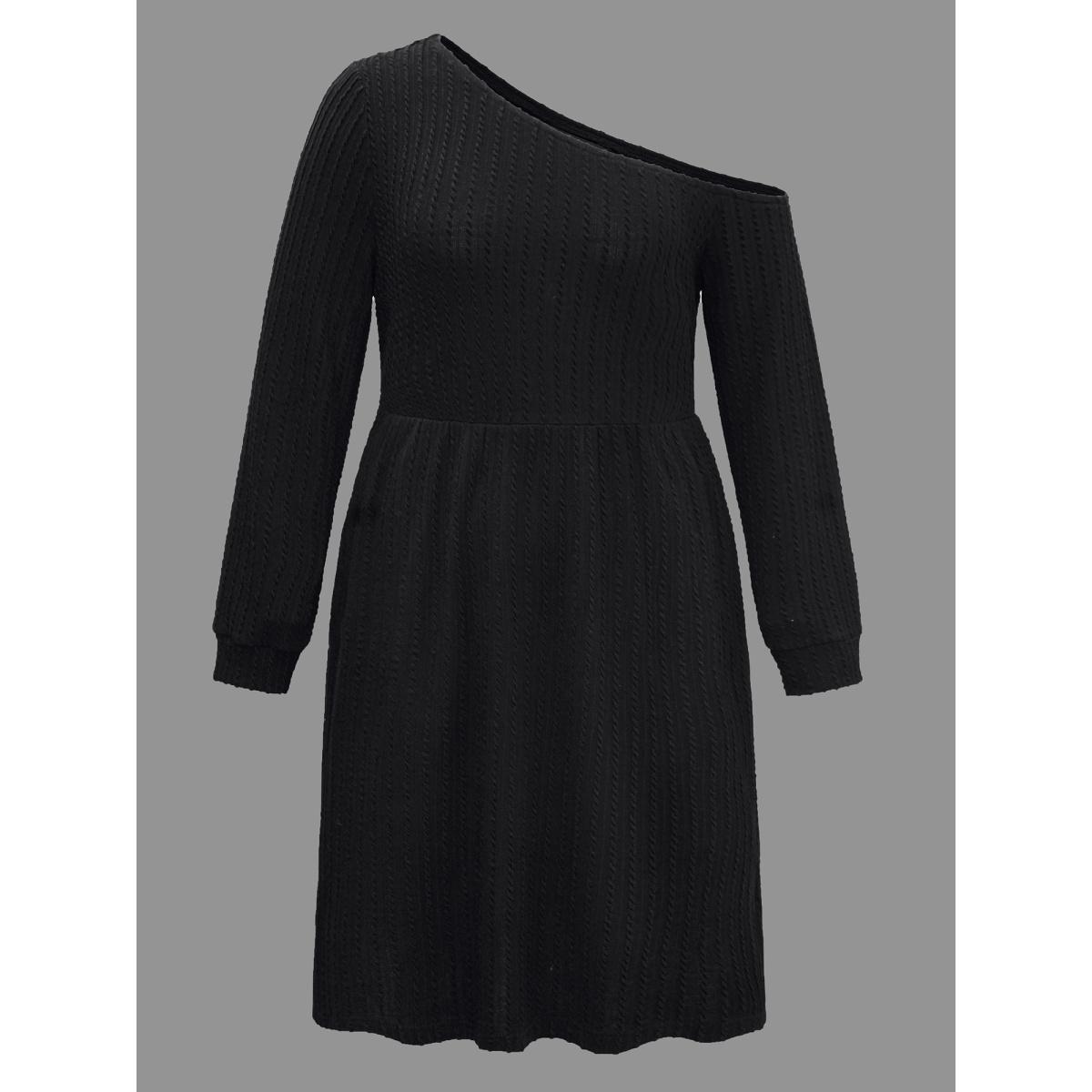 Plus Size One Shoulder Plain Textured Dress Black Women Casual Texture Knit Dresses Bloomchic 26/4X Product Image
