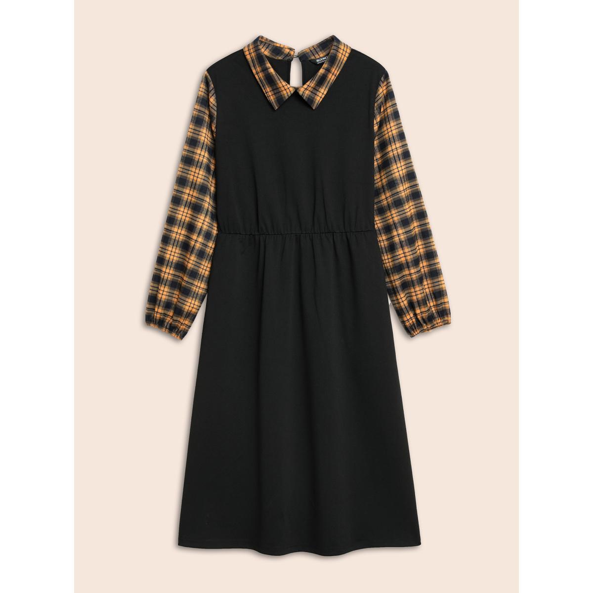 Plus Size Plaid Patchwork Elastic Waist Midi Dress Mustardyellow Women At the Office Patchwork Shirt collar Long Sleeve Curvy BloomChic 18-20/2X Product Image