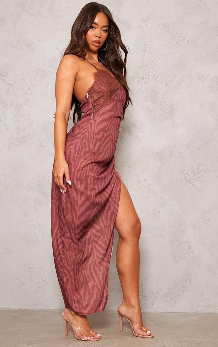 Chocolate Zebra Print Lace Trim Ruched One Shoulder Midaxi Dress Product Image
