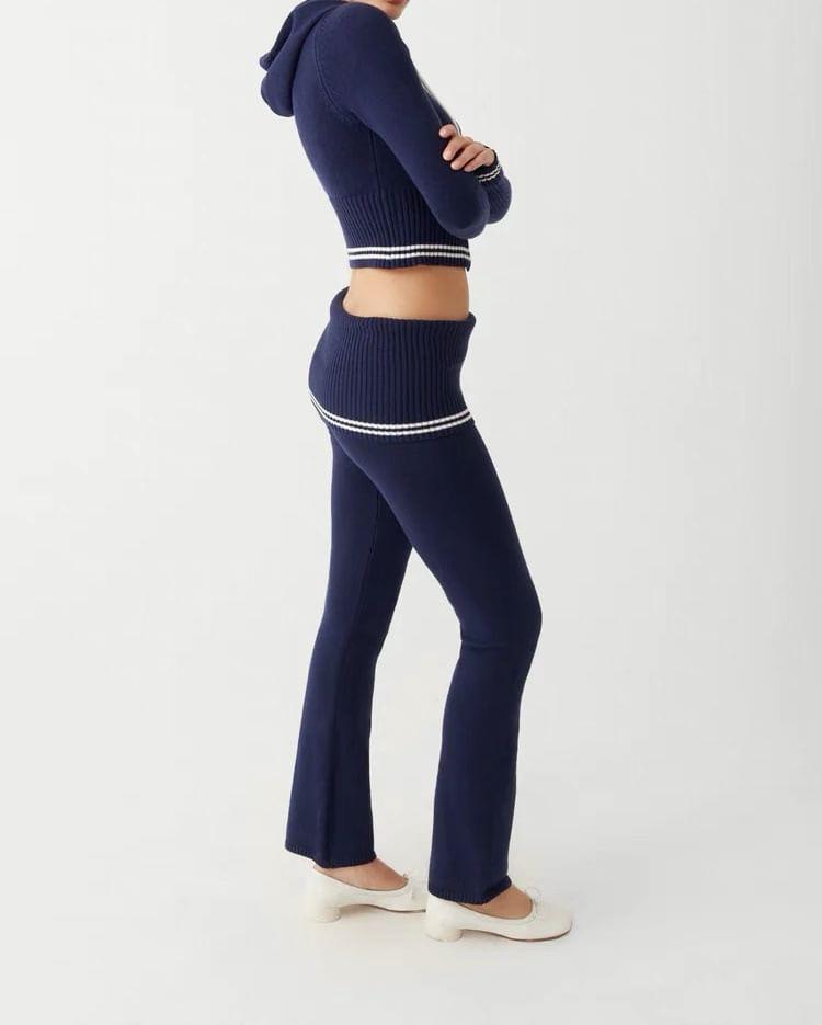 Hooded Contrast Trim Zip Cardigan / Mid Rise Plain Flared Pants Product Image
