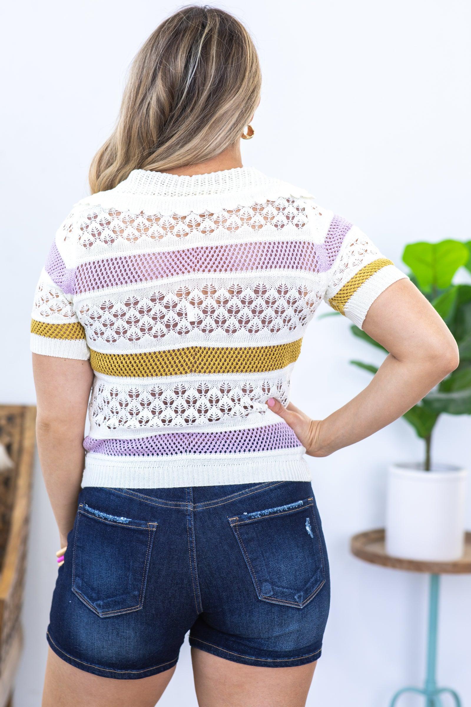 Ivory Colorblock Open Crochet Sweater Top Product Image