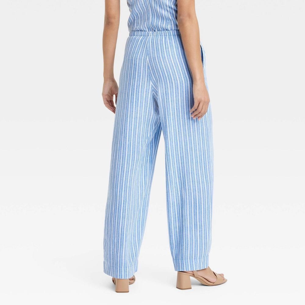 Womens Mid-Rise Wide Leg Linen Pull-On Pants - A New Day Blue Striped L: Canvas Fabric, Adjustable Drawstring Waist, 30.5 Inseam Product Image