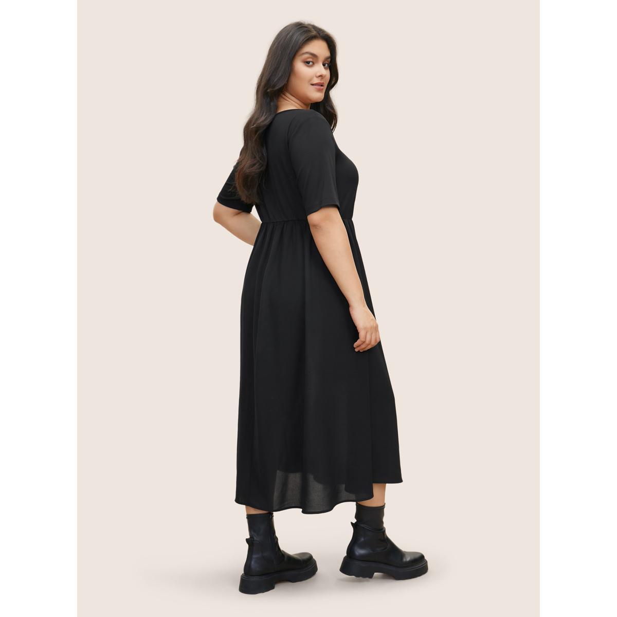 Plus Size Plain Square Neck Gathered Elastic Waist Dress Black Women Casual Non Square Neck Short sleeve Curvy Midi Dress BloomChic 28/5X Product Image
