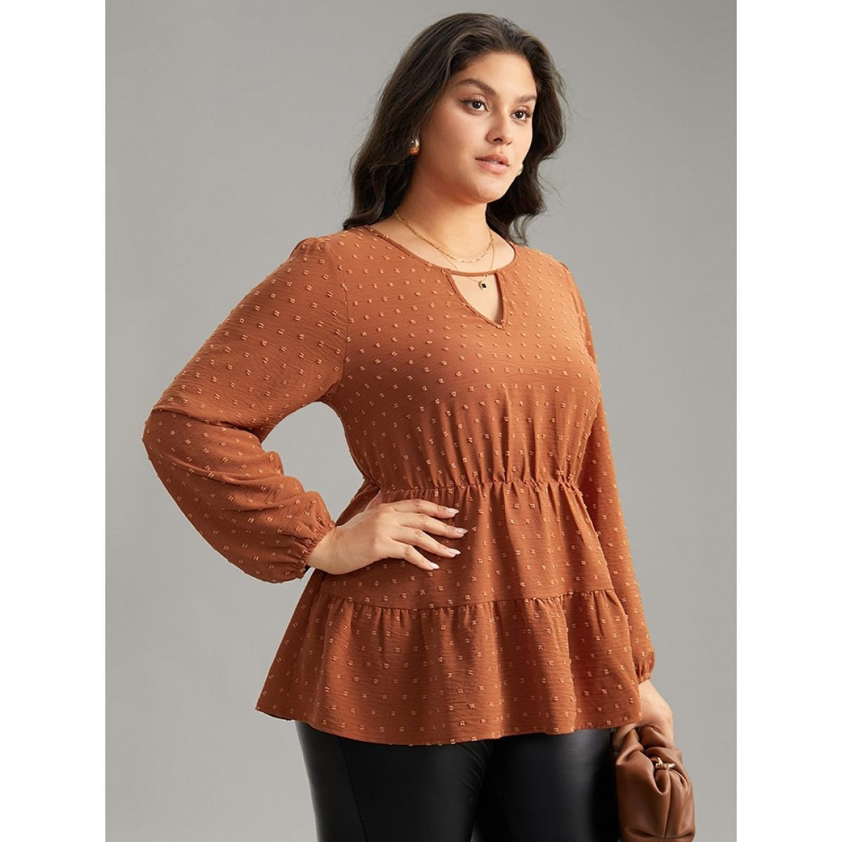 Plus Size Rust Textured Keyhole Ruffle Layered Hem Blouse Women Office Long Sleeve Keyhole Cut-Out Work Blouses BloomChic 22-24/3X Product Image
