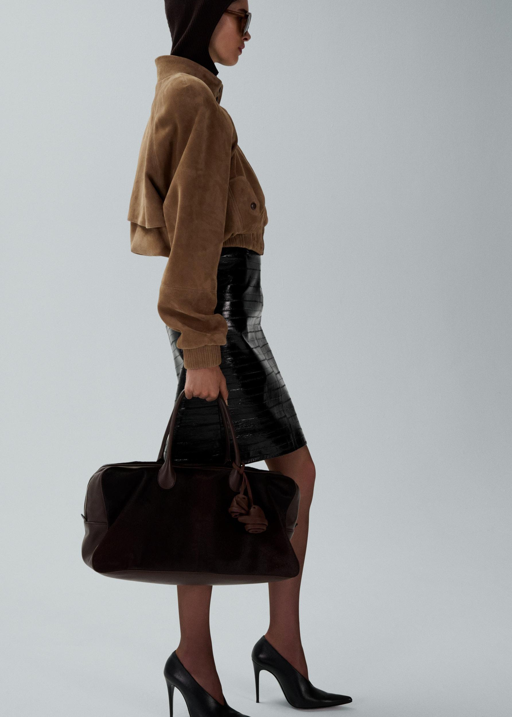 Cropped leather bomber jacket in beige suede Product Image