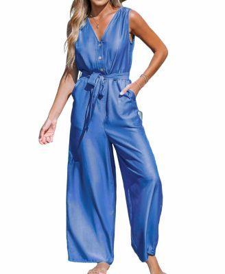 Womens Front Button Sleeveless Wide Leg Jumpsuit Product Image