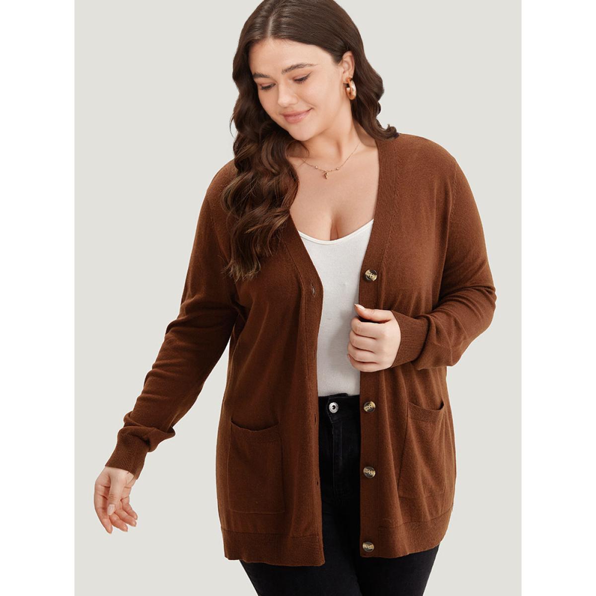 Plus Size Supersoft Essentials Button Up Patched Pocket Cardigan Maroon Women Casual Loose Long Sleeve Everyday Cardigans BloomChic 26/4X Product Image
