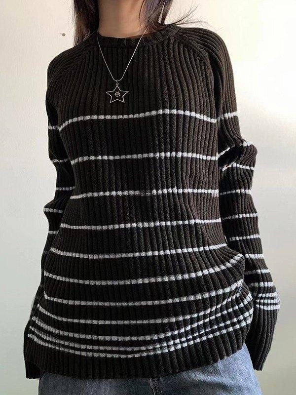 Striped Ribbed Pullover Knit Sweater Product Image
