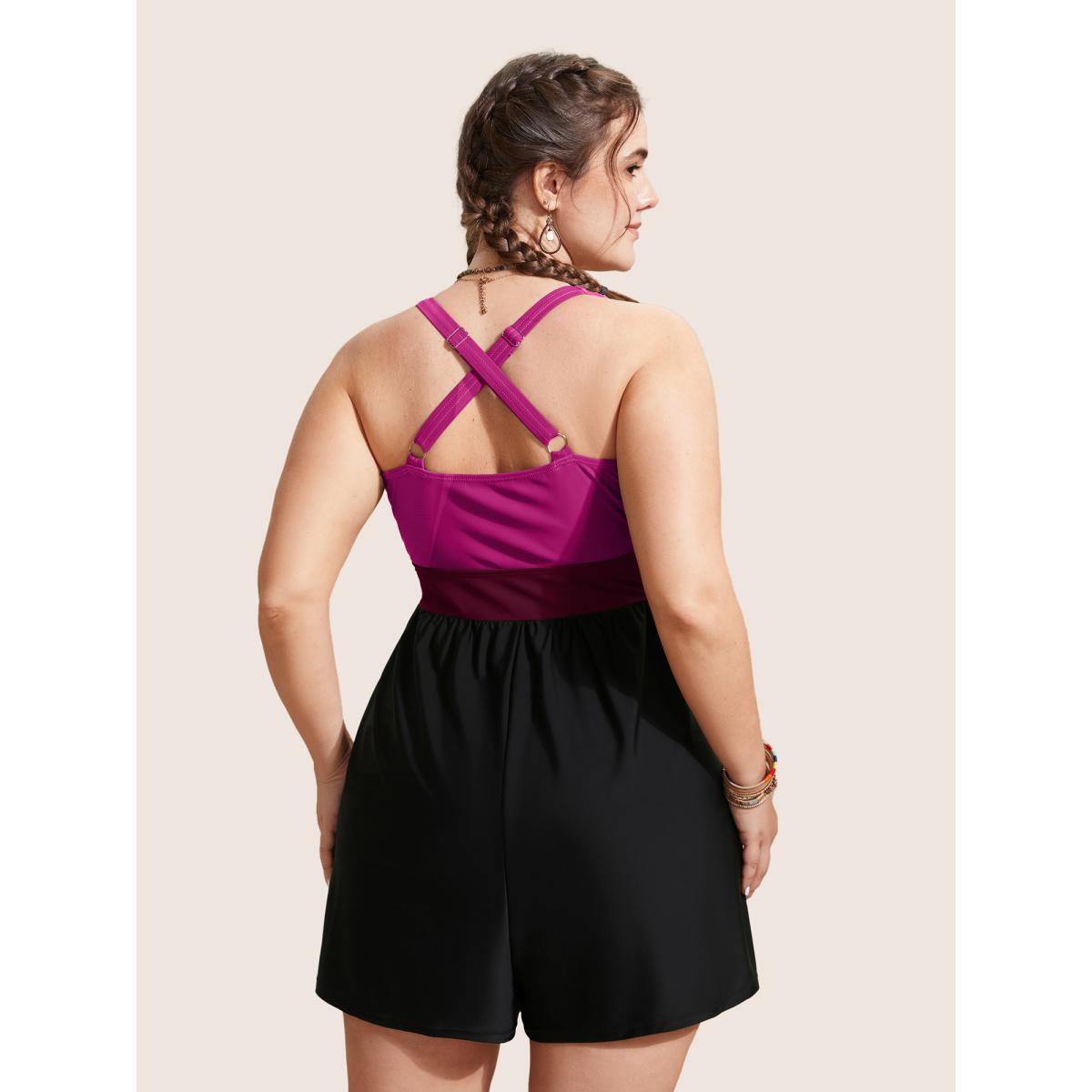 Plus Size Patchwork Contrast Crossover One Piece Swimsuit Women's Swimwear Teal Beach Twist Curve Bathing Suits High stretch One Pieces BloomChic 26/4X Product Image