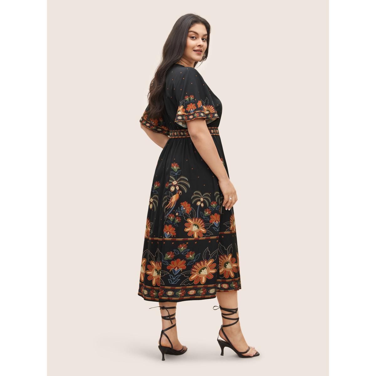 Plus Size Bandana Print Surplice Neck Flutter Sleeve Dress Black Women Resort Non V-neck Short sleeve Curvy Midi Dress BloomChic 22-24/3X Product Image