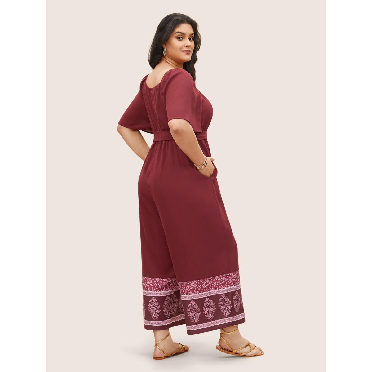 Plus Size Burgundy Bandana Print Gathered Belted Square Neck Jumpsuit Women Resort Short sleeve Square Neck Vacation Loose Jumpsuits BloomChic 22-24/3X Product Image