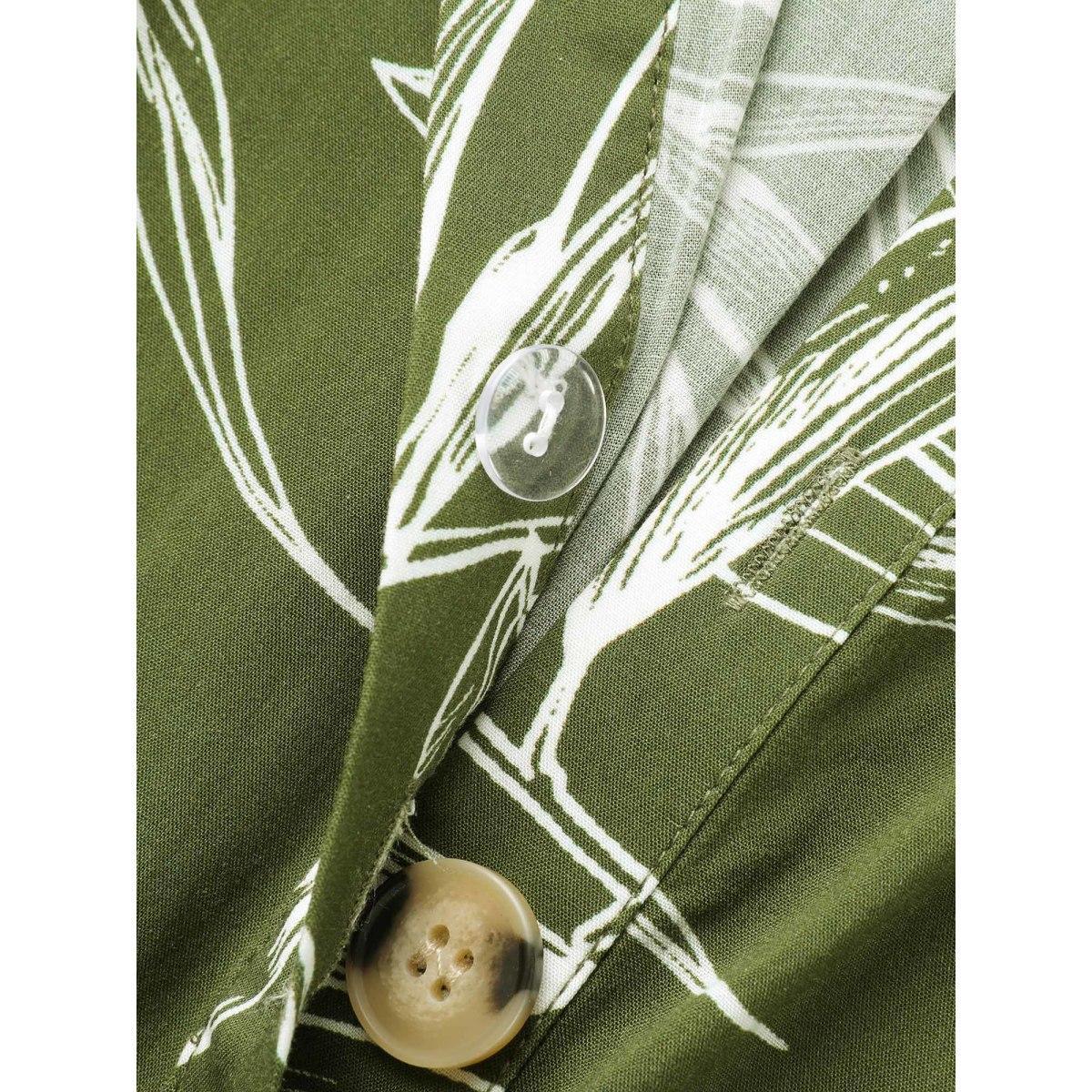 Plus Size Shirt Collar Plants Print Belted Dress Olive Women Casual Shirt collar Long Sleeve Curvy BloomChic 12/L Product Image