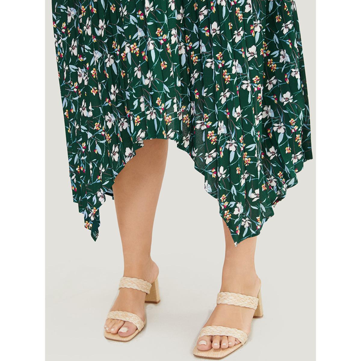Plus Size Ditsy Floral Pleated Hanky Hem Skirt Women DarkGreen Elegant Asymmetrical No stretch Dailywear Skirts BloomChic 26/4X Product Image